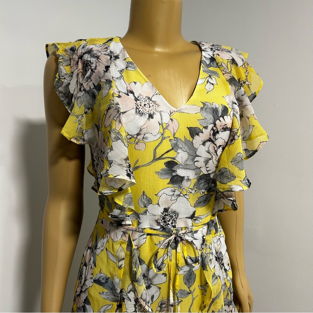Tommy Hilfiger Yellow Floral Ruffle Tiered Dress Size 2 V-Neck Tie Waist Cap - Picture 2 of 6